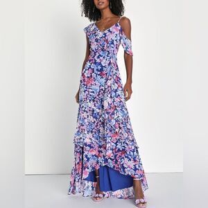 Lulus Radiant Blue Floral Print Chiffon Maxi Dress Size Small